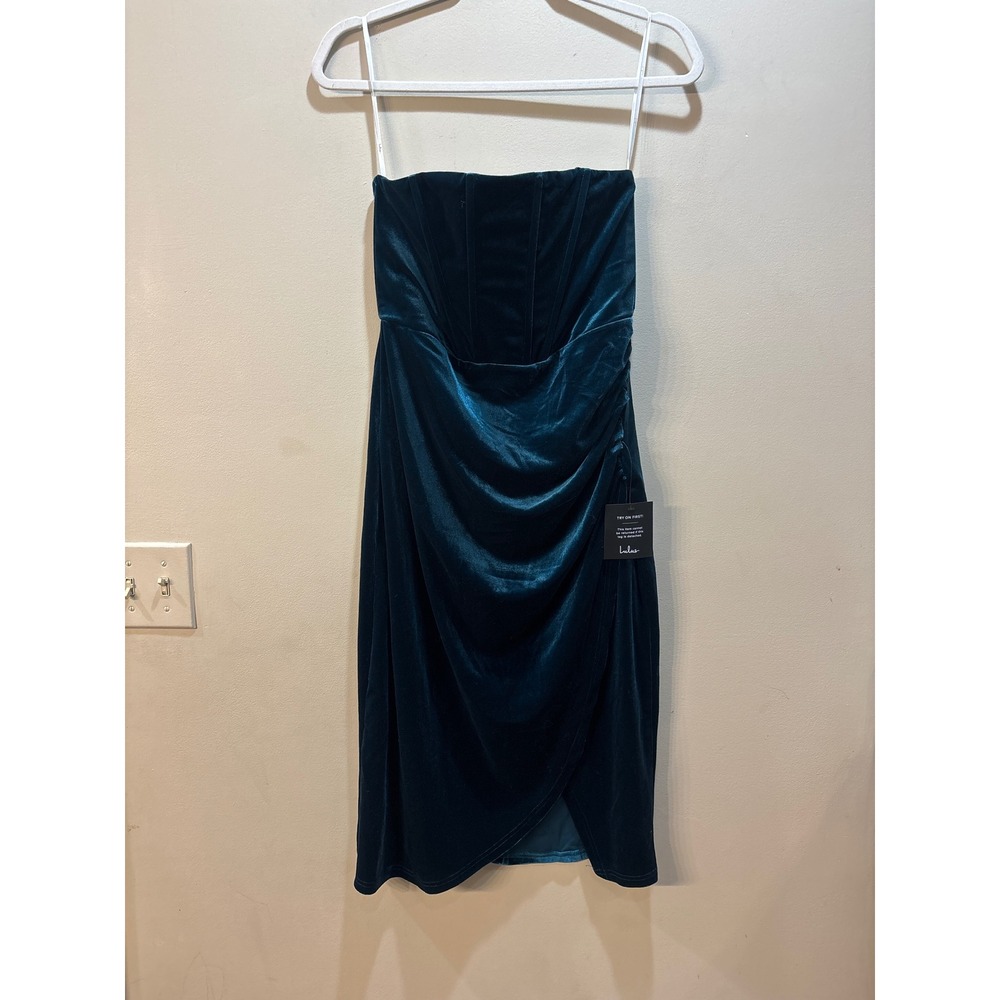 NWT Lulus Teal Velvet Strapless Corset Tulip Midi Dress‎ Medium